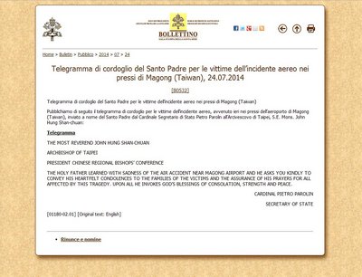 Paus Menyampaikan Belasungkawa dan Berdoa Bagi Korban GE222
