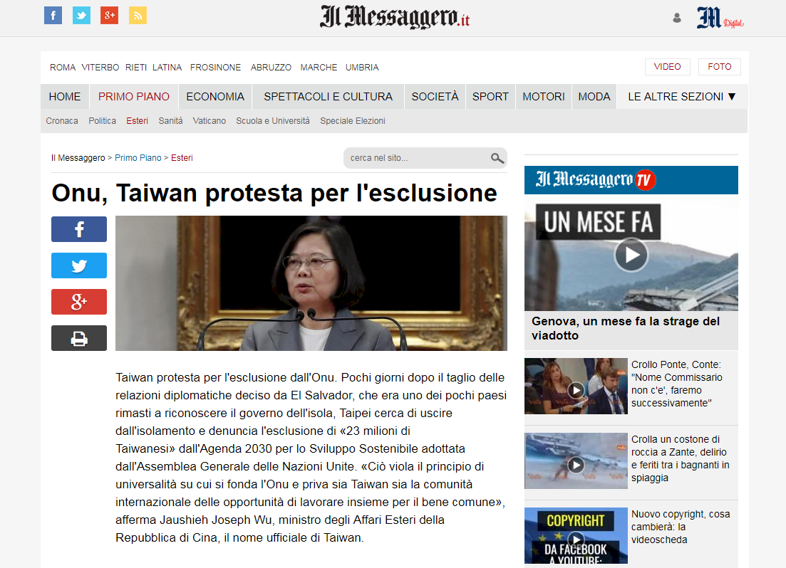 IL Messaggero : Taiwan Keluar dari Isolasi  Jadi Anggota PBB
