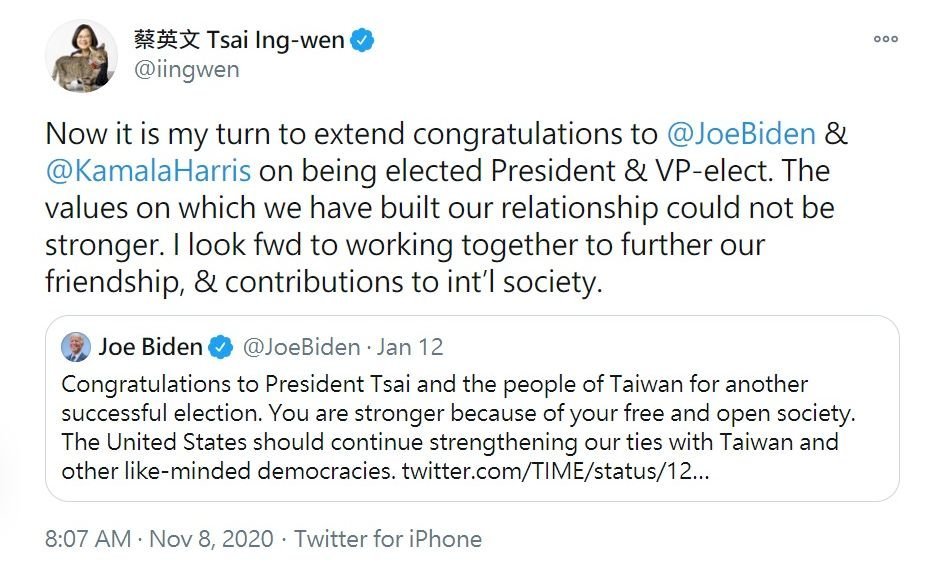 Ucapan Selamat Presiden Tsai Ing-wen Atas Terpilihnya Joe Biden Sebagai Presiden AS