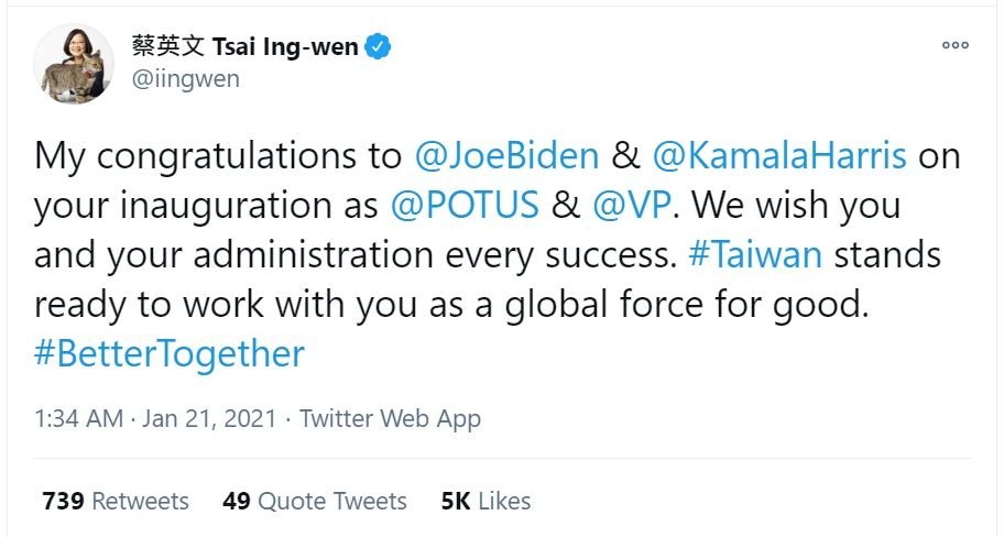 Presiden Tsai Beri Selamat Atas Pelantikan Presiden AS, Berharap Hubungan Taiwan-AS Semakin Akrab