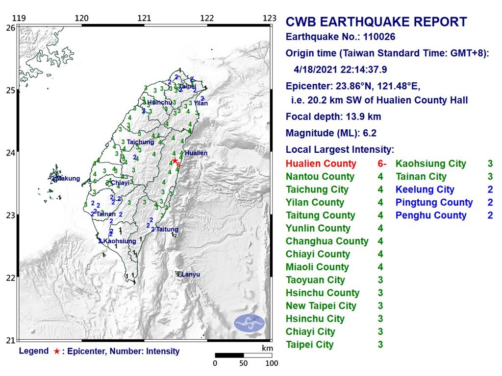 Gempa Magnitudo 5,8 dan 6,2 Guncang Taiwan Timur