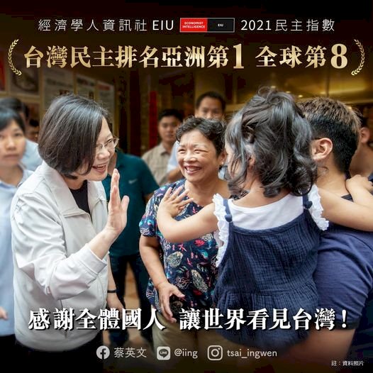 Taiwan Berada di Nomor 1 di Asia dan Nomor 8 di Dunia untuk Indeks Demokrasi 2021
