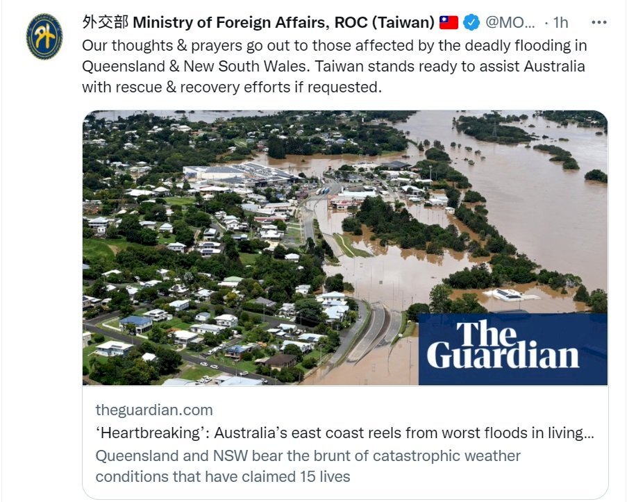 Presiden Tsai Sampaikan Kepedulian atas Bencana Banjir di Australia