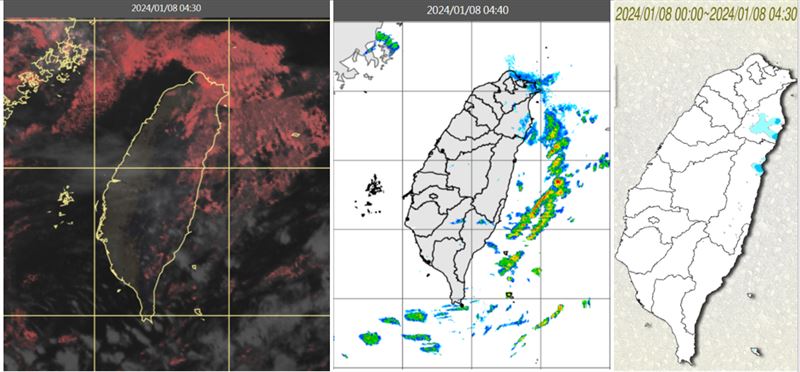 圖：今(8日)晨4：30真實色雲圖顯示，北海岸、大台北東側及東半部有低層雲，中、南部有中高雲(左圖)。4：40雷達回波合成圖顯示，伴隨降水回波很零星(中圖)。4：30累積雨量圖顯示，東半部零星飄雨(右圖)