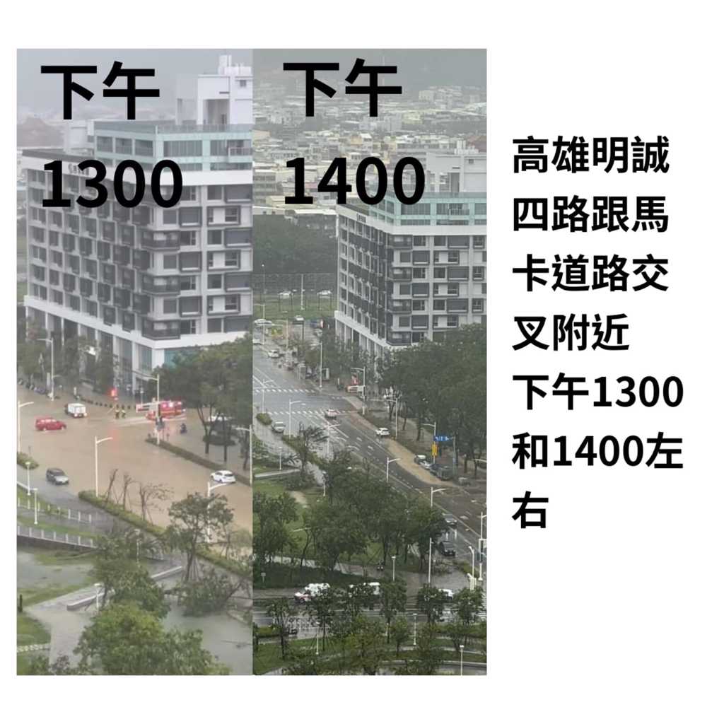 粉專貼出高雄淹水「7張對比照」現水退非常快。(貓與邪佞的手指授權)